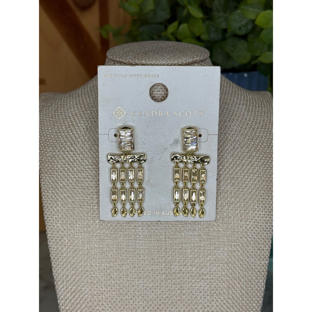 Kendra Scott Womens Fringe Drop Earrings Gold Crystal Glam Wedding Guest OS